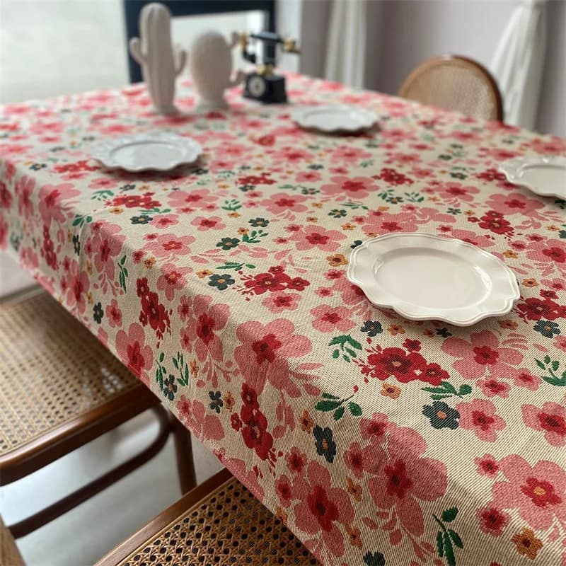 Розова жакардова покривка с цветя, правоъгълна, памучна смес